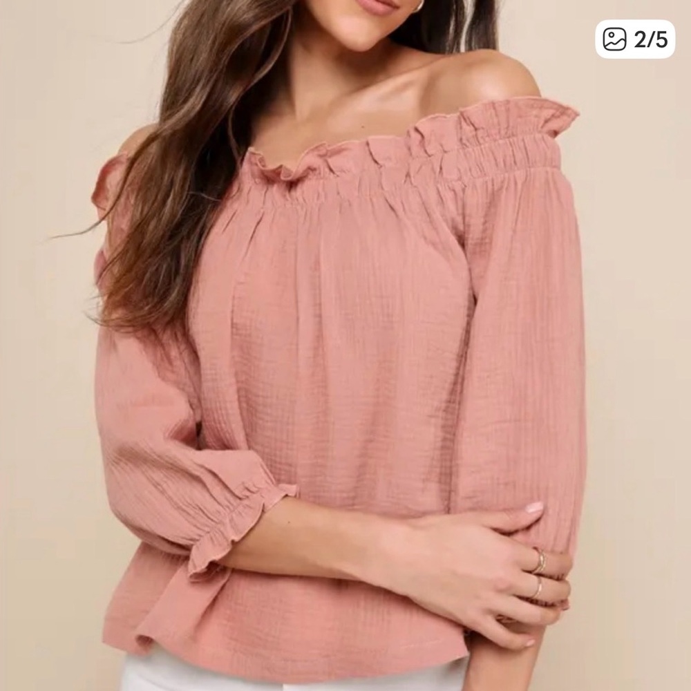 Lulu's Off-the Shoulder Ruffle Crinkle Cotton  Blouse• Dusty Rose • •NWT•Size XS